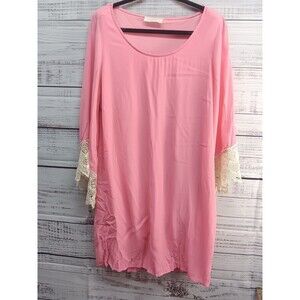 Tilly Anne Shift Dress Women's Large Pink Bell Sleeve Crotchet Round Neck